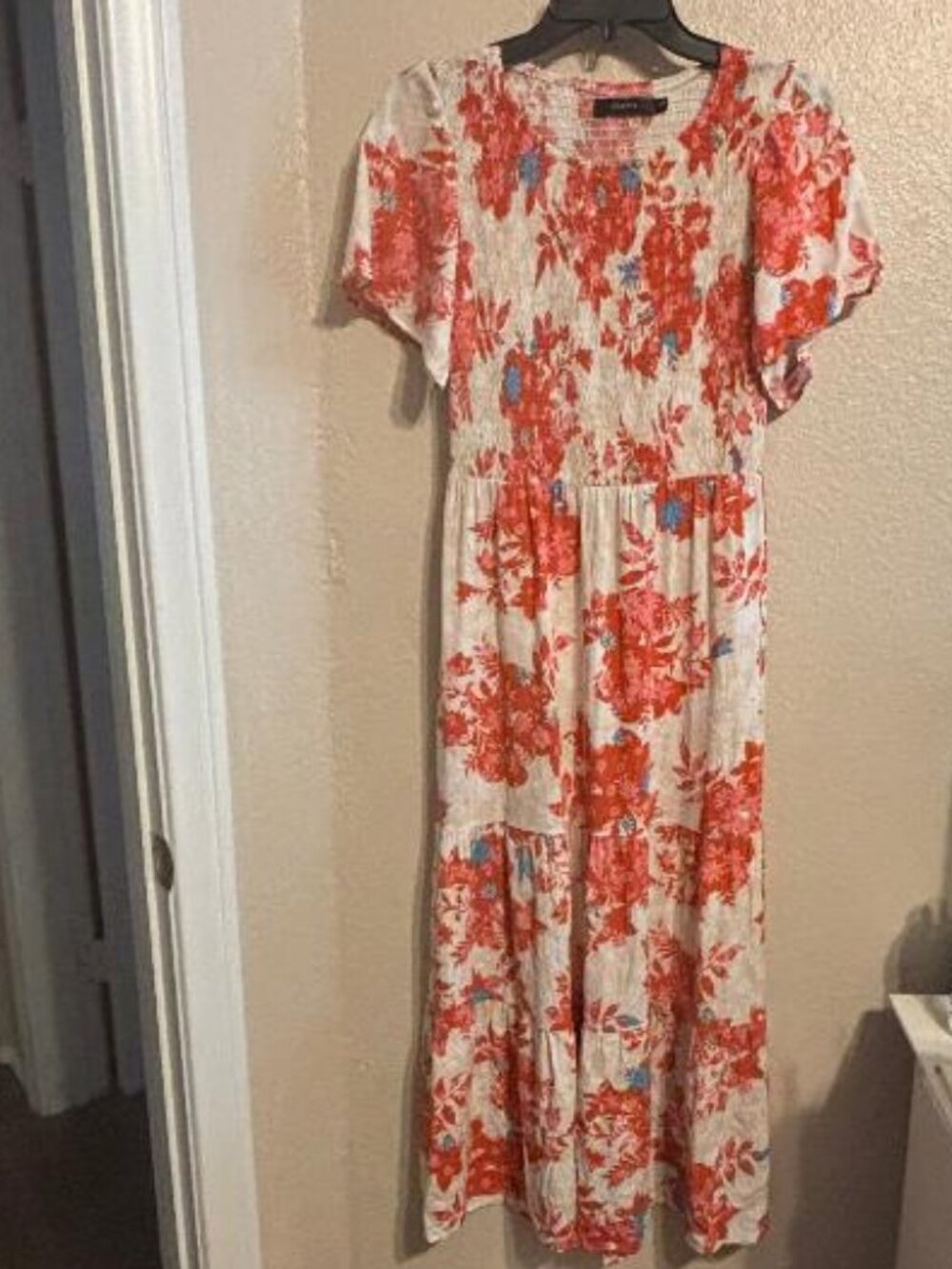 Zesica Beige, Oranges, Floral Smocked Maxi Dress Flutter Sleeve Women Size S